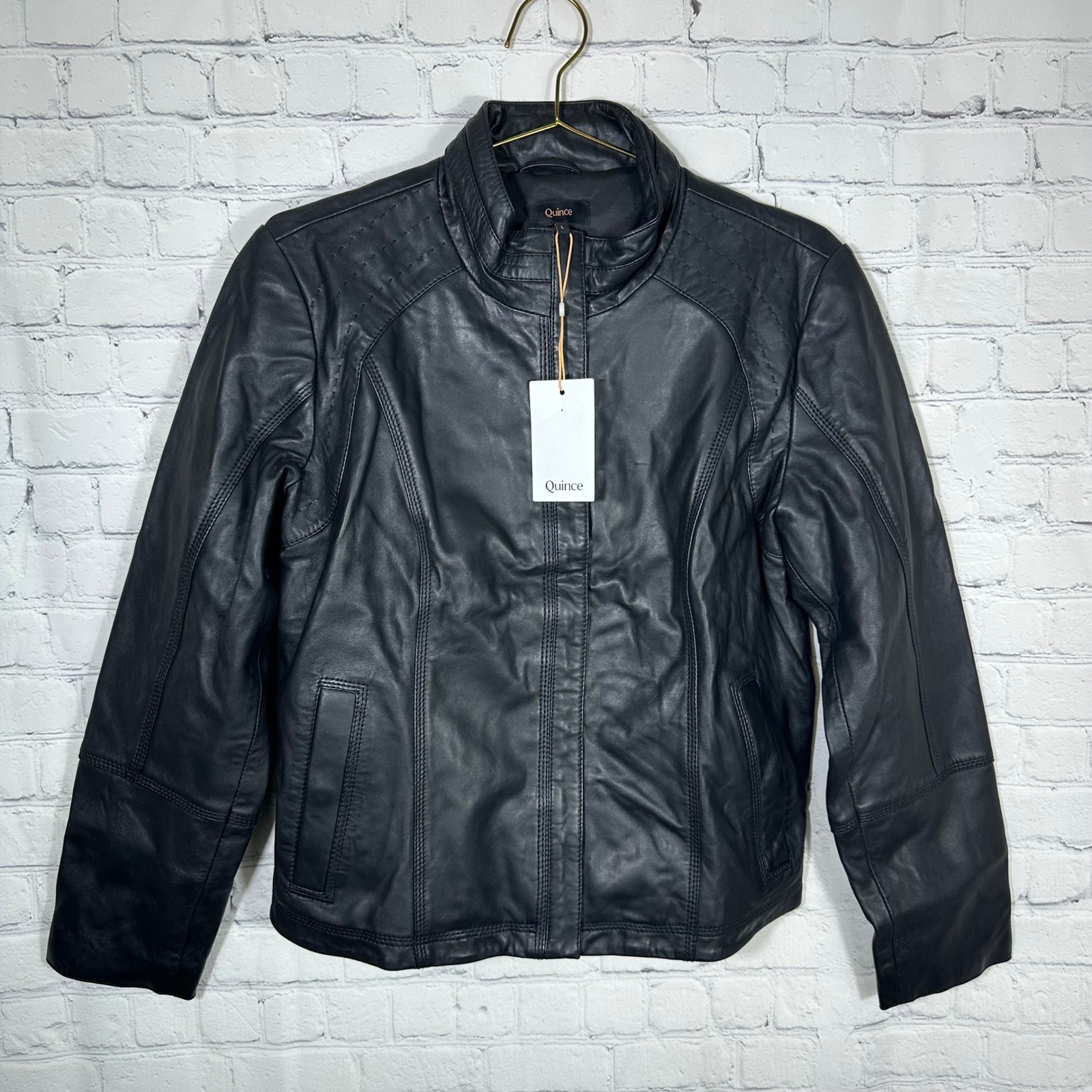 New Quince Womens 100% Sheep Leather Stand-Collar Jacket True Black Large